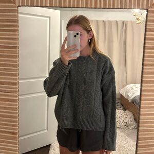 Women's Gray Drop Shoulder Cable Knit Sweater